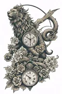 angle wings & lion head & clock & 630 tattoo design idea
