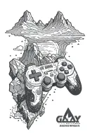 A video game controller morphing into a mountain range with a galaxy background tattoo design idea