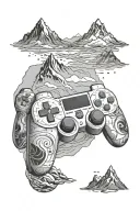 A video game controller morphing into a mountain range with a galaxy background tattoo design idea