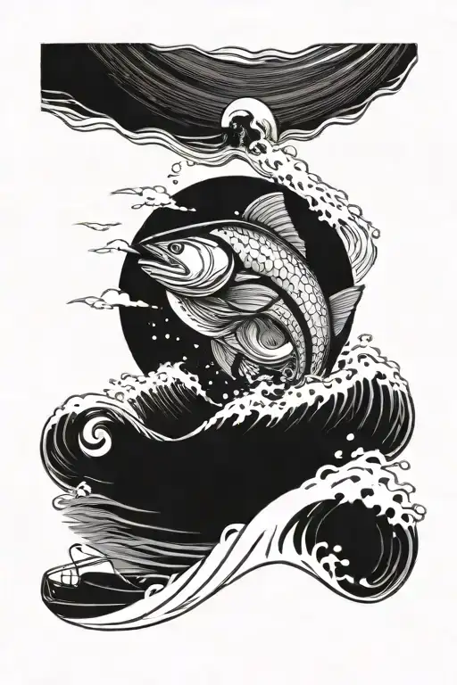small boat on top of waves with a huge salmon underneath ocean tattoo design idea