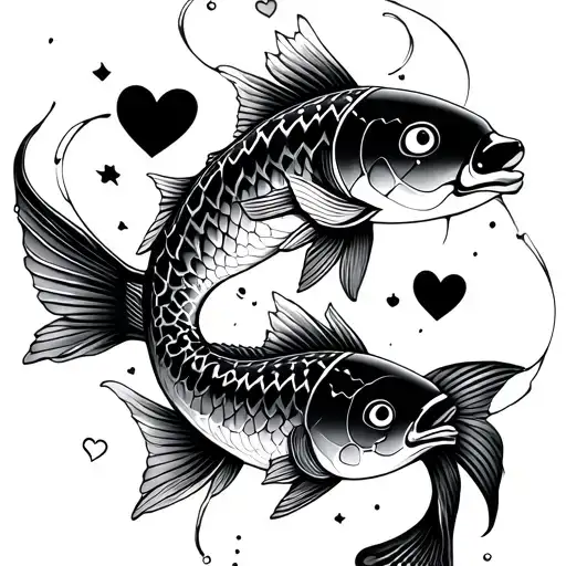 Cyber sigalism inspired tattoo design featuring koi fish and hearts that's 2000s inspired with futuristic vibes tattoo design idea