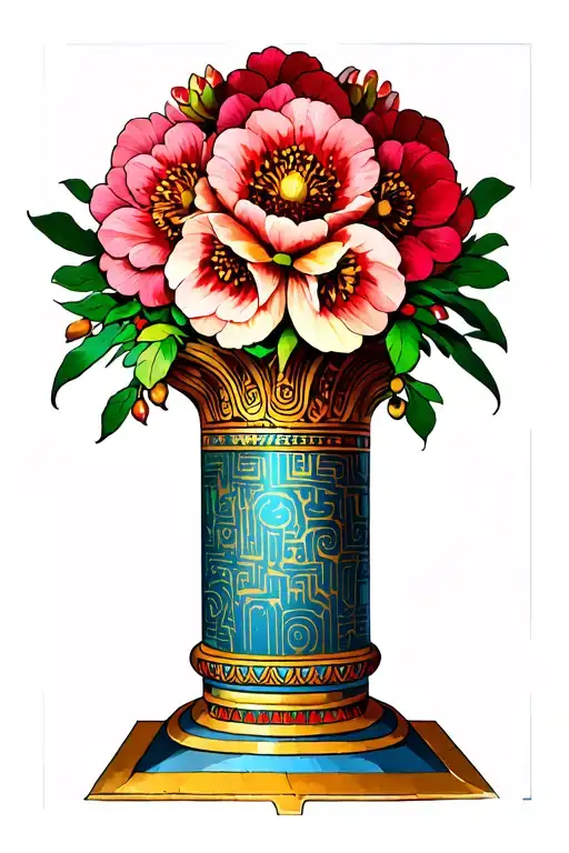 Egyptian pillar topped with huge flowers pomegranate tattoo design idea