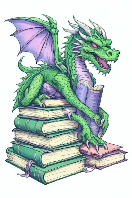 green dragon with purple eyes standing over a stack of books tattoo design idea