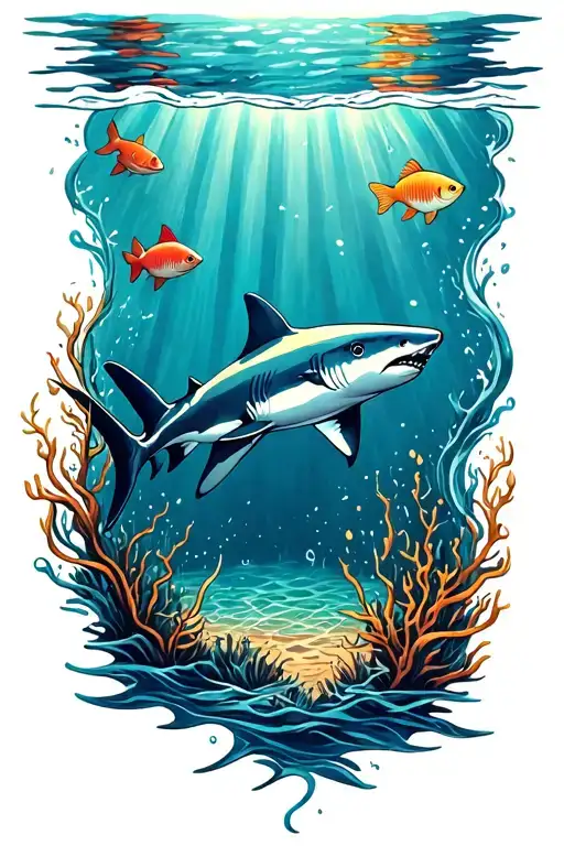 ocean floor with shark and fish tattoo design idea