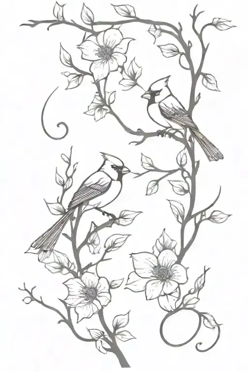 flowers, butterflies, cardinals sitting on a vine tattoo design idea