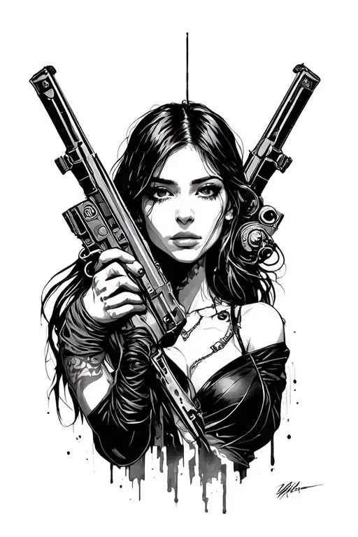 something more cyberpunk style, with a melancholic feel and with a woman and weapons tattoo design idea