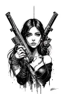 something more cyberpunk style, with a melancholic feel and with a woman and weapons tattoo design idea