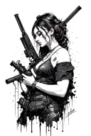 something more cyberpunk style, with a melancholic feel and with a woman and weapons tattoo design idea