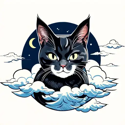 Yakuza style tattoo design featuring a cat as the main element. Clouds and a crescent moon on the background. tattoo design idea