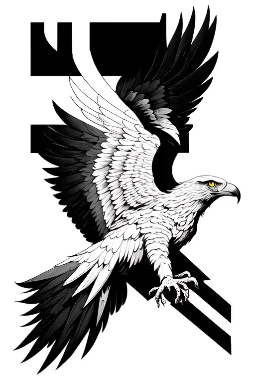 A blackwork tattoo design featuring a divine eagle (Aetus Dios) with glowing eyes and massive wings flying above, symbol tattoo design idea