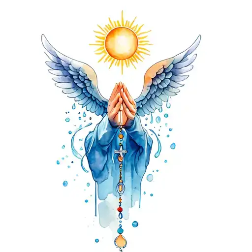 praying hands holding rosary beads with angel wings and water and sun tattoo design idea