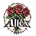 "Alex" roses in a bouquet with barbed wire wrapping around the roses  tattoo design idea