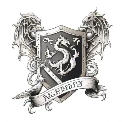 Murphys Crest transformed into a medieval shield with dragons and swords tattoo design idea