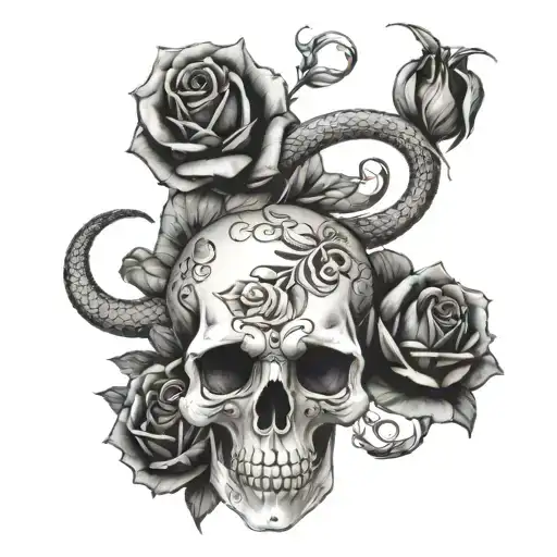 gothic skull and snake with roses tattoo thigh tattoo design idea