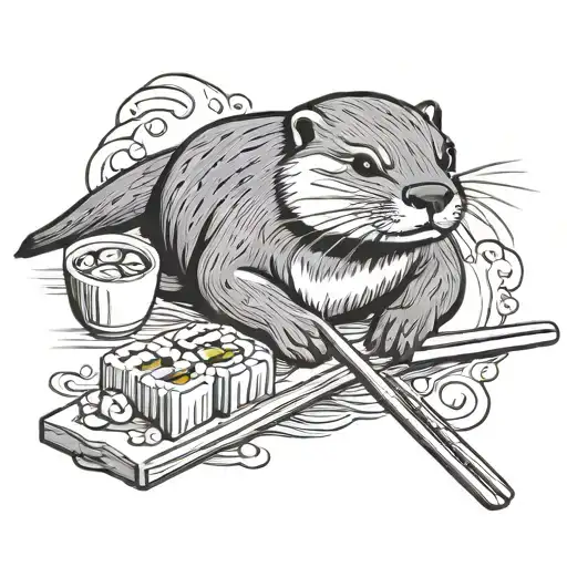 Otter eating sushi with chopsticks tattoo design idea