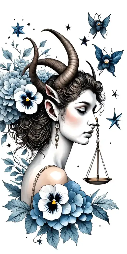 Capricorn woman sea goat, LIBRA SCALES, pansy flower, large BEETLE, blue hydrangea petals, stars, zodiac tattoo design idea
