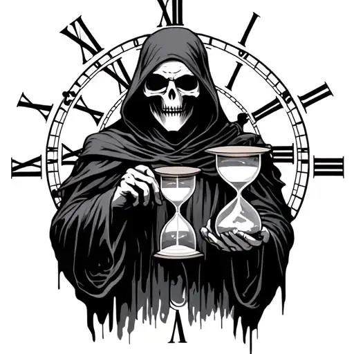 the grim reaper holding an hourglass in one hand, with a roman numeral clock in the background tattoo design idea
