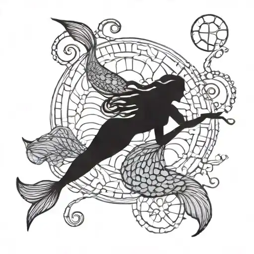 Incorporate a crochet hook and yarn into a design featuring a mystical mermaid swimming with sea turtles tattoo design idea