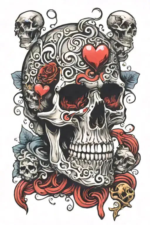 overthinking scull with broken hearts  tattoo design idea