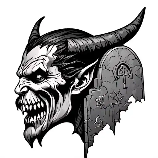 side view of the devils face with tomb stones tattoo design idea