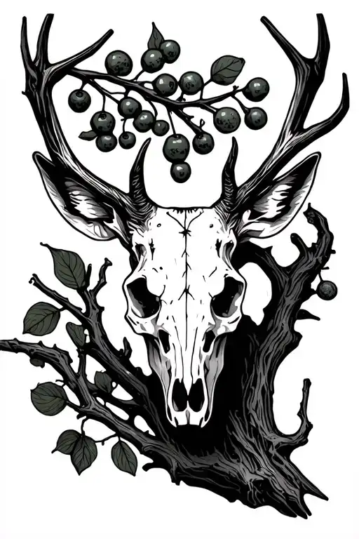 Deer skull and dead branch with berries tattoo design idea