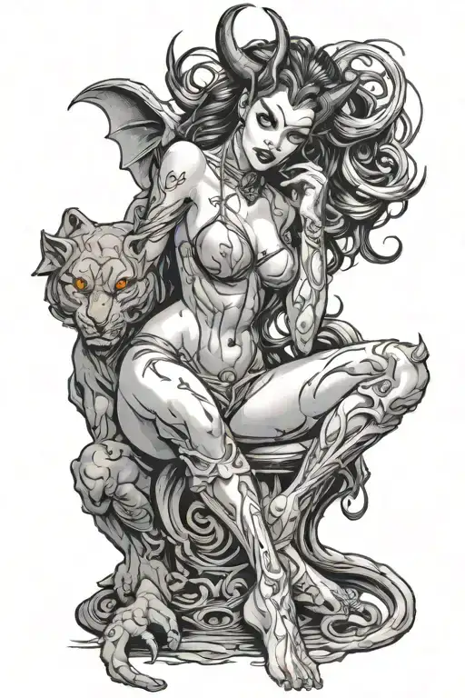 demon girl with with demon men in seducing pose surrounded tattoo design idea