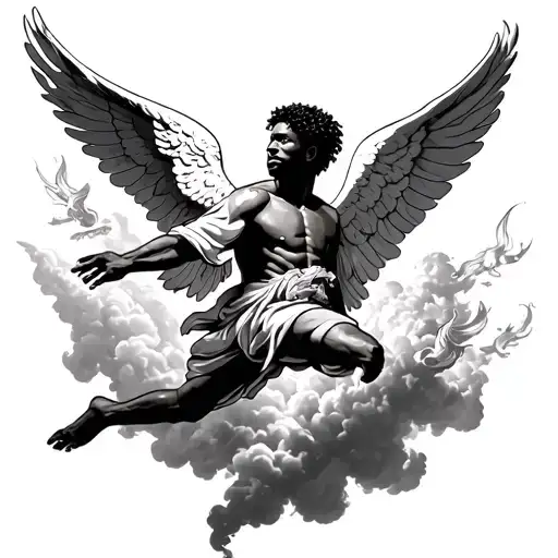 Make a tattoo stencil of a male African American angels flying up in the clouds away from fire tattoo design idea