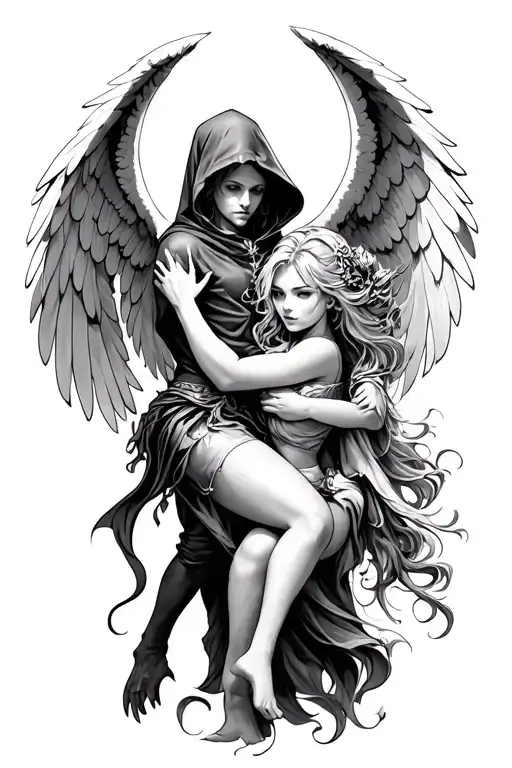 hooded arch angel defeating a demon girl tattoo design idea