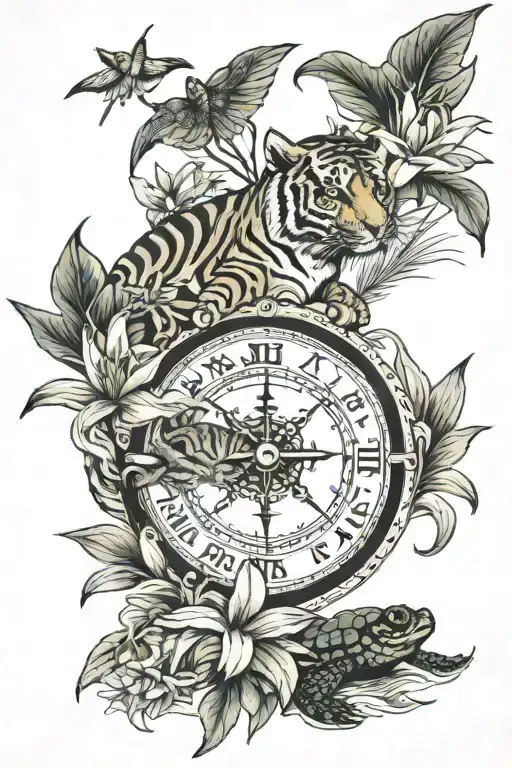 Tiger, lilies, water, sea turtle compass, all trees tattoo design idea