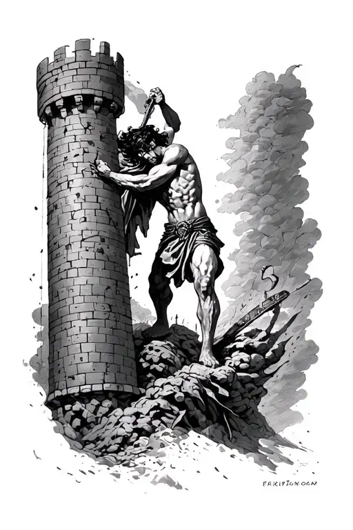 Samson taking down the tower tattoo design idea