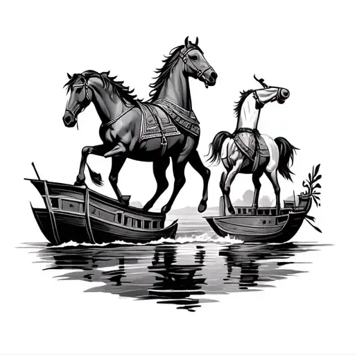horses, sea and boats, Iraq mandaean religion symbols in one tattoo design idea