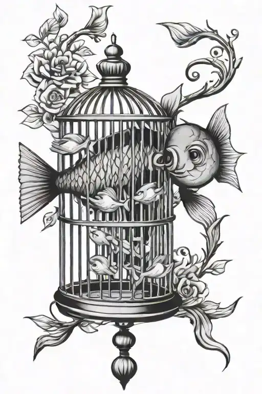 one fish in bird cage tattoo design idea