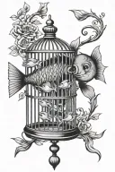 one fish in bird cage tattoo design idea