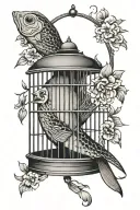one fish in bird cage tattoo design idea