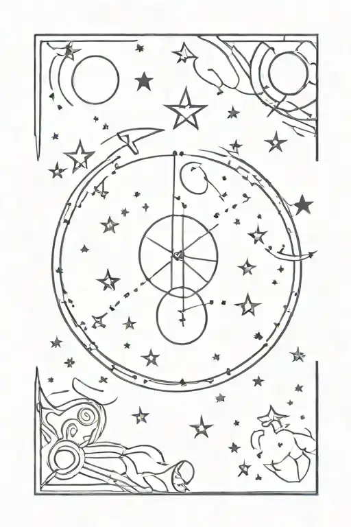 A dotwork tattoo design featuring a broken circle with the inscription 'l'essentiel est invisible pour les yeux', surrounded by stars, moons, and a sun and moon. tattoo design idea