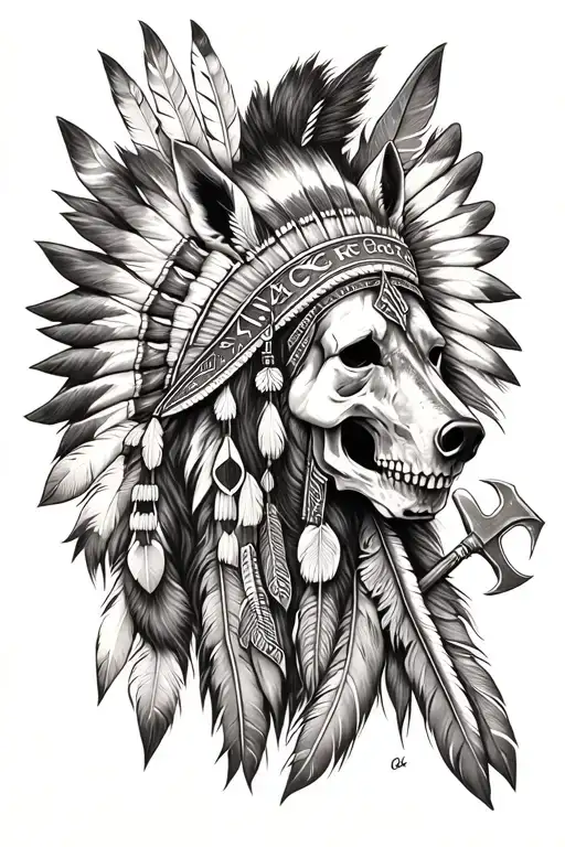 native american and skull and compass and feather and axe and horses and wolf tattoo design idea