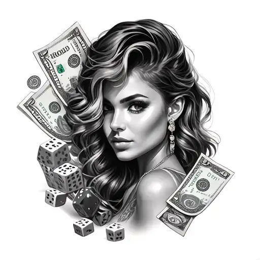 realistic portrait of a woman looking forward with casino dice and money tattoo design idea
