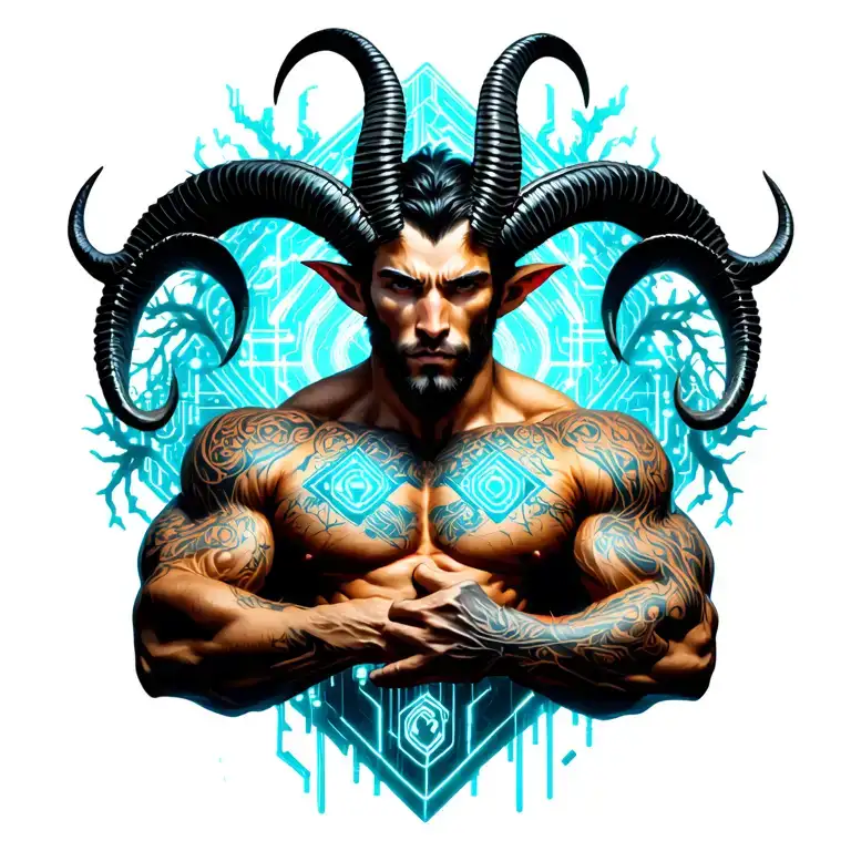 Gay male horned satyr with massive bodybuilder muscles. Background of natural tree roots, vines and patterns tattoo design idea