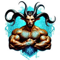 Gay male horned satyr with massive bodybuilder muscles. Background of natural tree roots, vines and patterns tattoo design idea