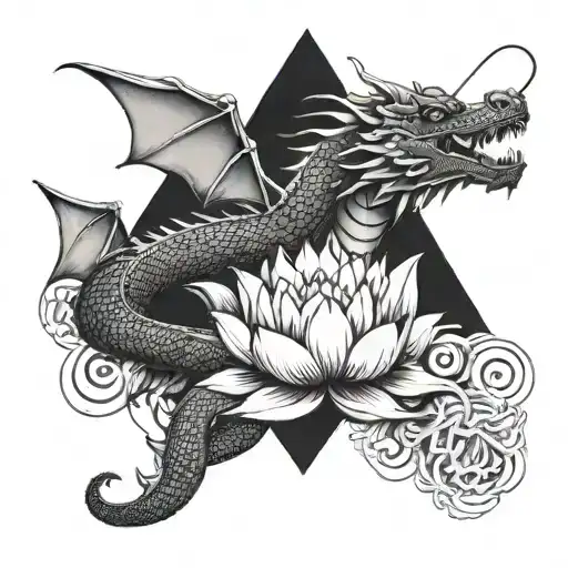 A dragon emerging from a lotus flower, with a fishing rod in its mouth, set against a mountain backdrop tattoo design idea