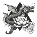 A dragon emerging from a lotus flower, with a fishing rod in its mouth, set against a mountain backdrop tattoo design idea