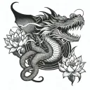 A dragon emerging from a lotus flower, with a fishing rod in its mouth, set against a mountain backdrop tattoo design idea