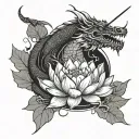 A dragon emerging from a lotus flower, with a fishing rod in its mouth, set against a mountain backdrop tattoo design idea