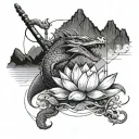 A dragon emerging from a lotus flower, with a fishing rod in its mouth, set against a mountain backdrop tattoo design idea