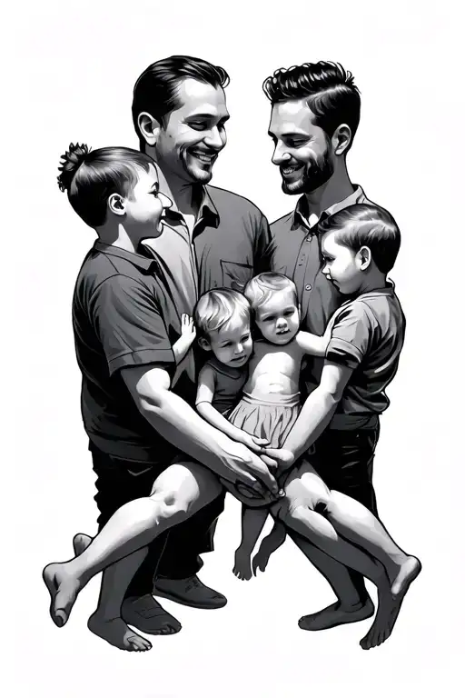 dad and 3 child holding hands tattoo design idea