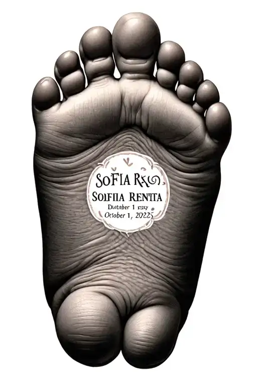baby foot with my daughter SoFia Renata's name in the center and her date of birth October 1, 2025 tattoo design idea