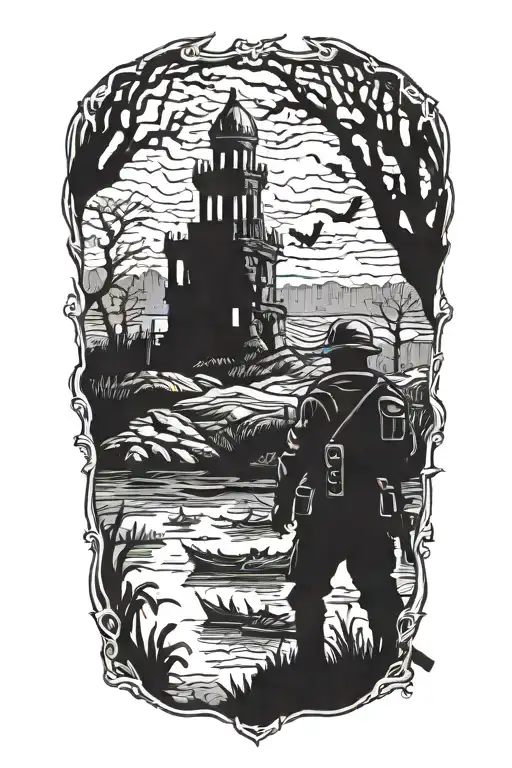 A blackwork tattoo of a veteran soldier standing guard in a haunted bayou, with ghostly figures and ancient ruins in the background tattoo design idea