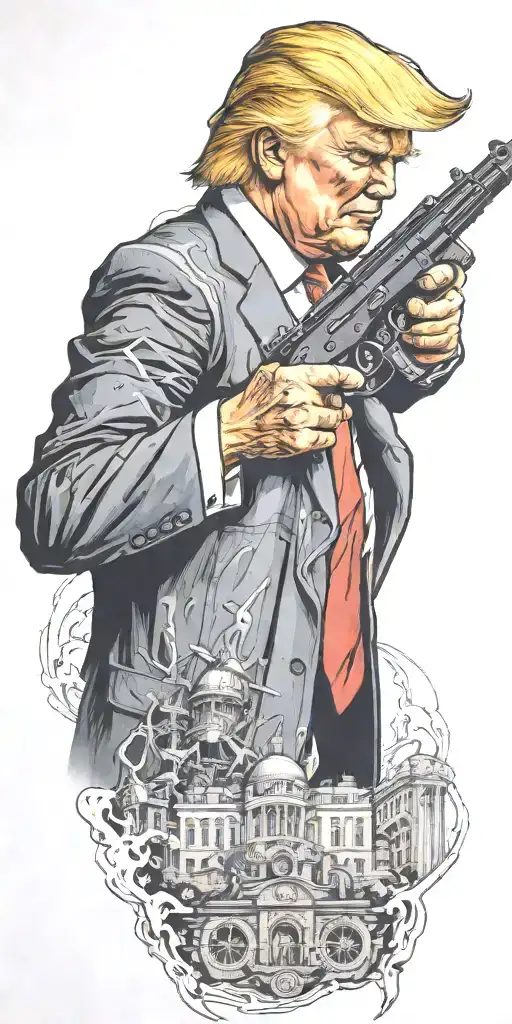 trump holding a gun city in background  tattoo design idea