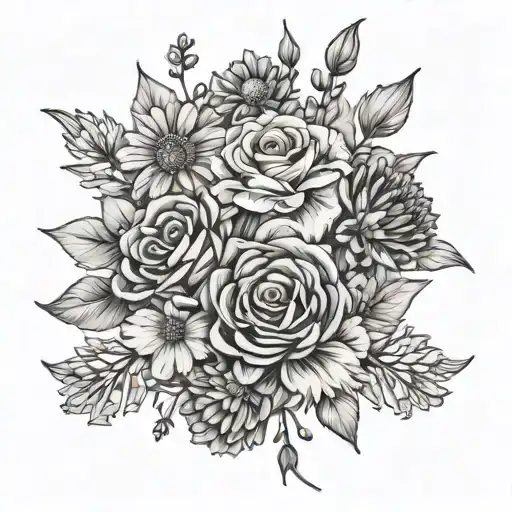 A bouquet with marigold, asters, gladiolus,rose, and daisys   tattoo design idea