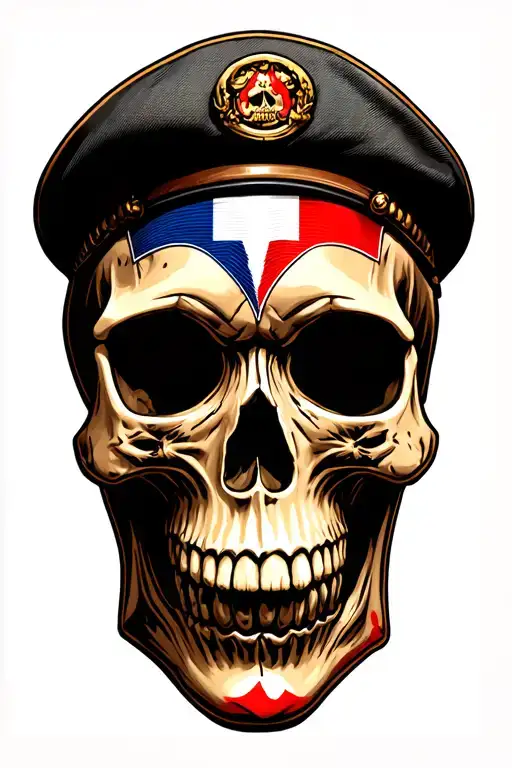 skull with French military beret and flag of los muertos add military plate tattoo design idea